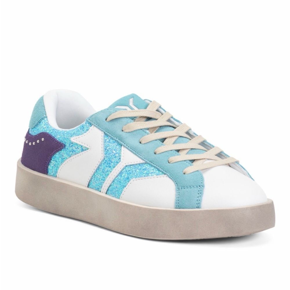 COB CULTURE OF BRAVE White Leather Neon Glare Blue Glitter Wing Sneaker 8-8.5